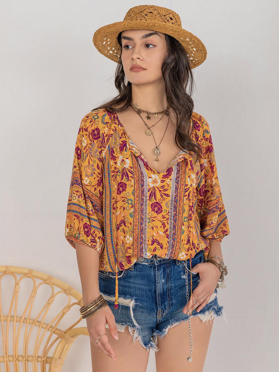 Three-Quarter Sleeves Printed Tie Neck Bohemian Blouse - MXSTUDIO.COM