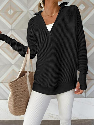 Thumbhole Quarter Zip Knit Sweater-MXSTUDIO.COM