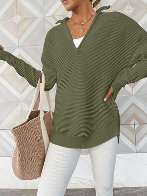 Thumbhole Quarter Zip Knit Sweater-MXSTUDIO.COM