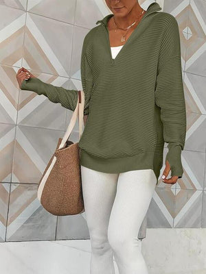 Thumbhole Quarter Zip Knit Sweater-MXSTUDIO.COM