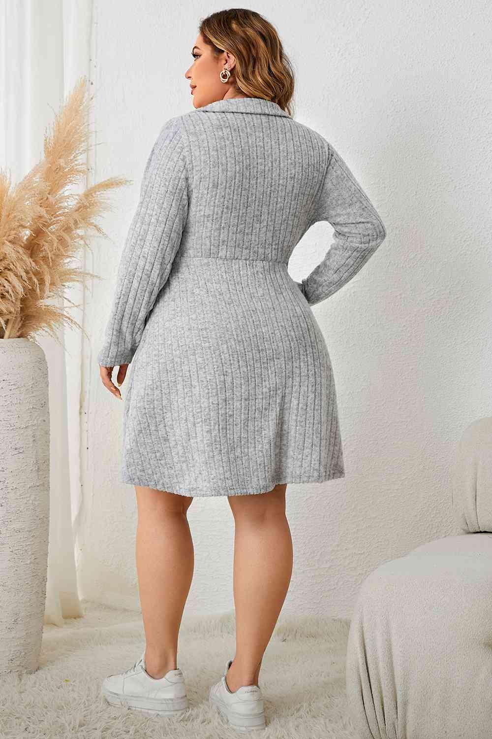 Tie Accent Long Sleeve Gray Plus Size Dress - MXSTUDIO.COM