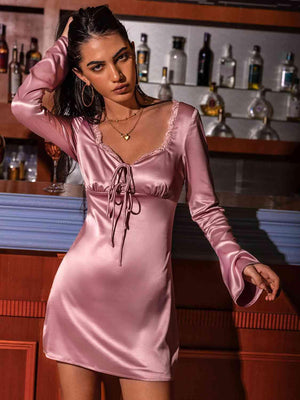 Tie Detail Long Sleeve Dusty Pink Night Dress - MXSTUDIO.COM