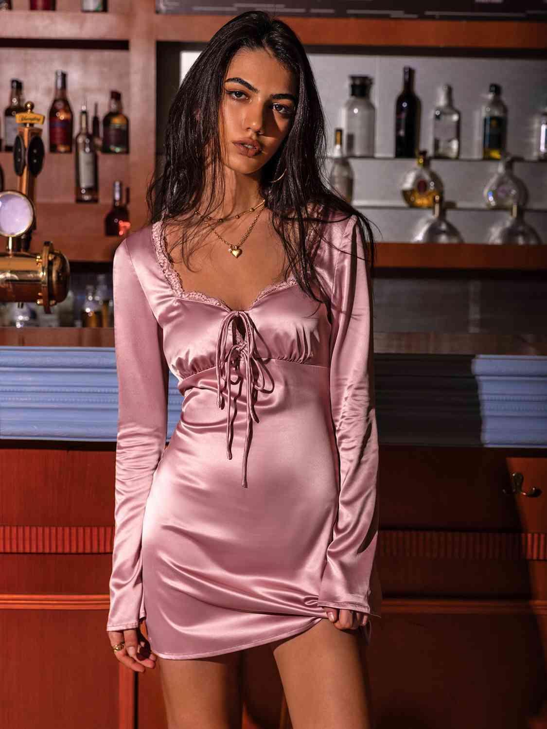 Tie Detail Long Sleeve Dusty Pink Night Dress - MXSTUDIO.COM