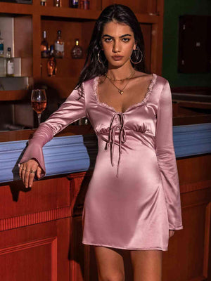 Tie Detail Long Sleeve Dusty Pink Night Dress - MXSTUDIO.COM