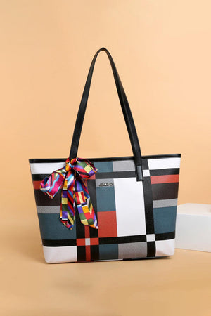 Tie Detail PU Leather Color Block Tote Bag - MXSTUDIO.COM