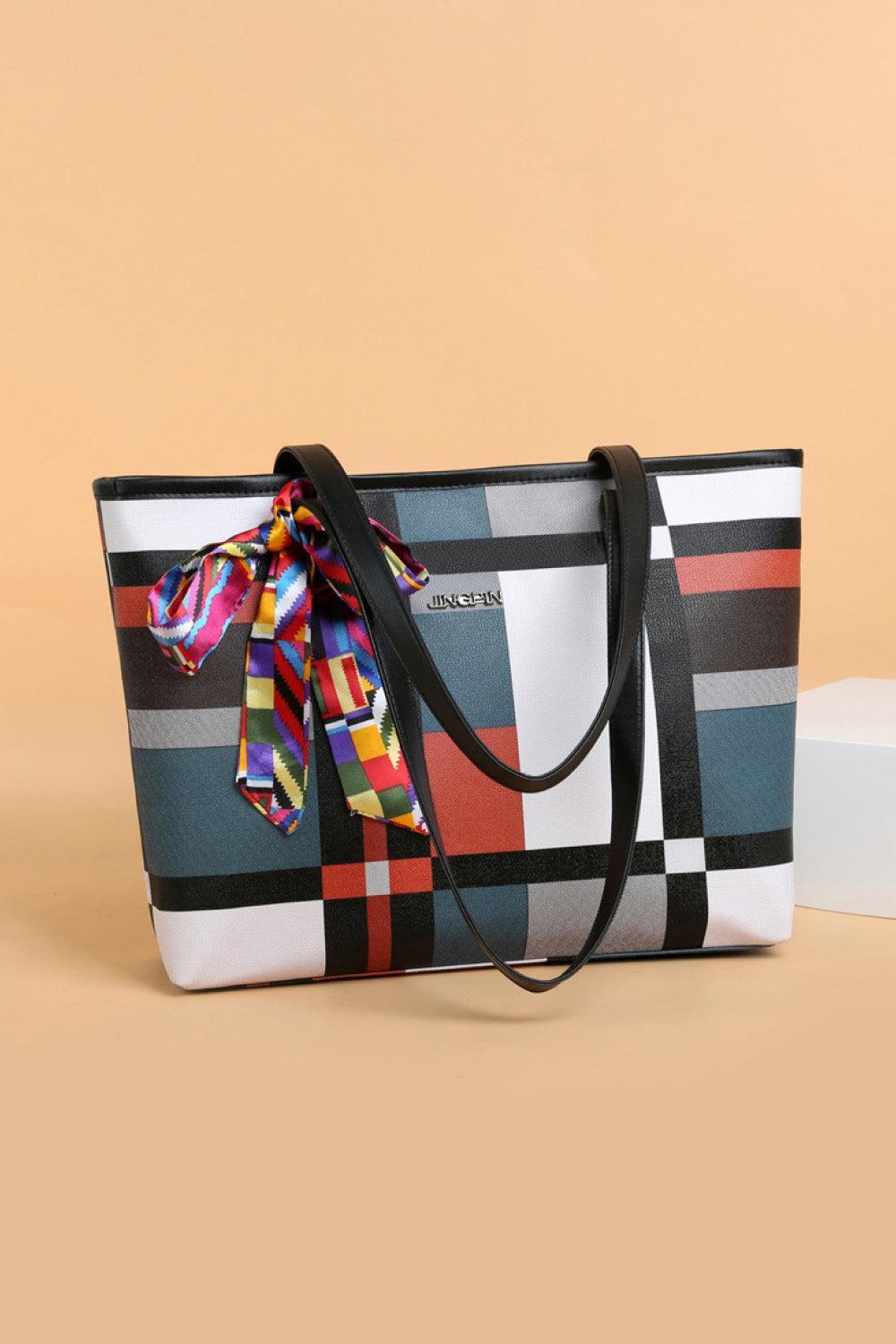 Tie Detail PU Leather Color Block Tote Bag - MXSTUDIO.COM