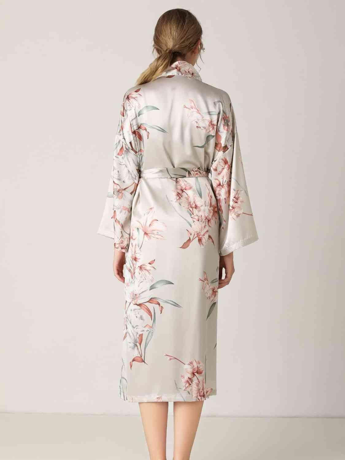 Tie Waist Long Sleeve Light Gray Floral Robe - MXSTUDIO.COM
