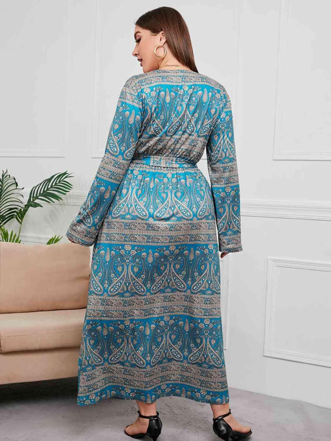 Tied Waist Printed Blue Plus Size V-Neck Maxi Dress - MXSTUDIO.COM