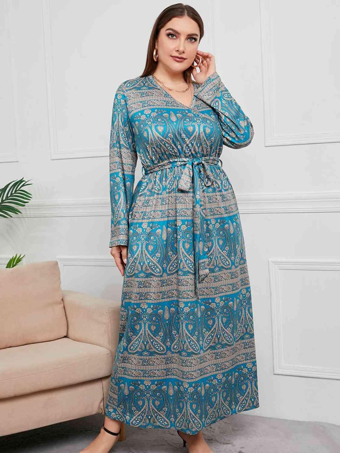 Tied Waist Printed Blue Plus Size V-Neck Maxi Dress - MXSTUDIO.COM