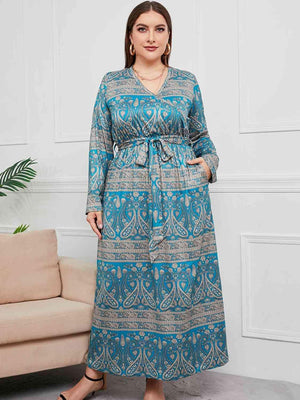 Tied Waist Printed Blue Plus Size V-Neck Maxi Dress - MXSTUDIO.COM