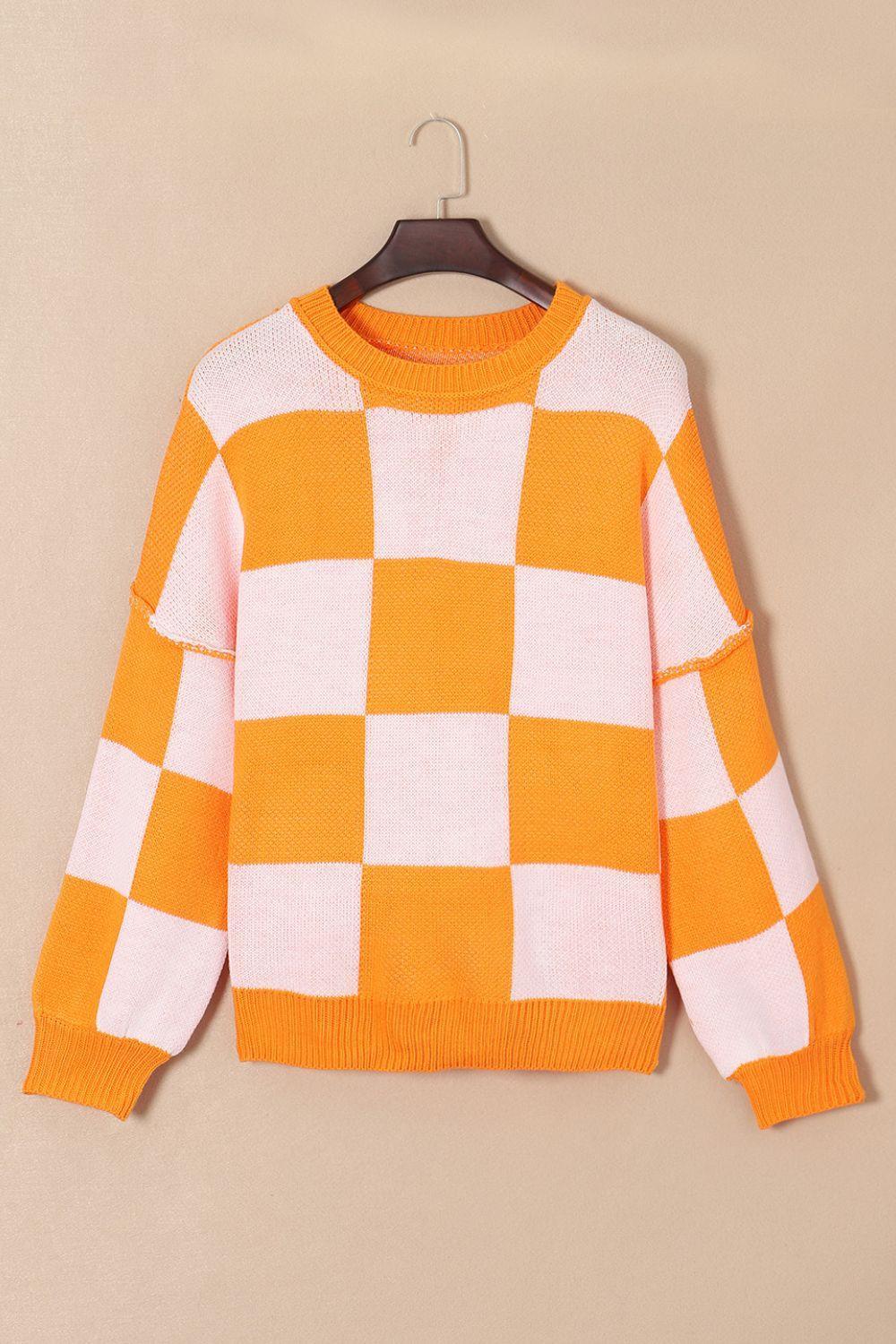 Timeless Coziness Exposed Seam Checkered Sweater - MXSTUDIO.COM