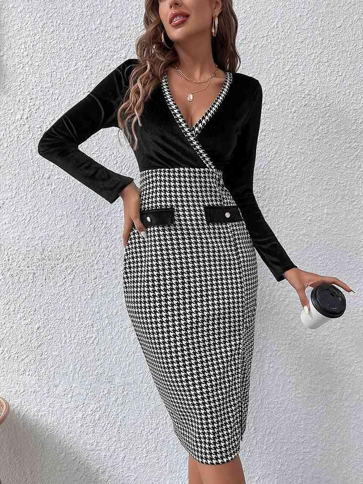 a woman wearing a black and white checkered dress