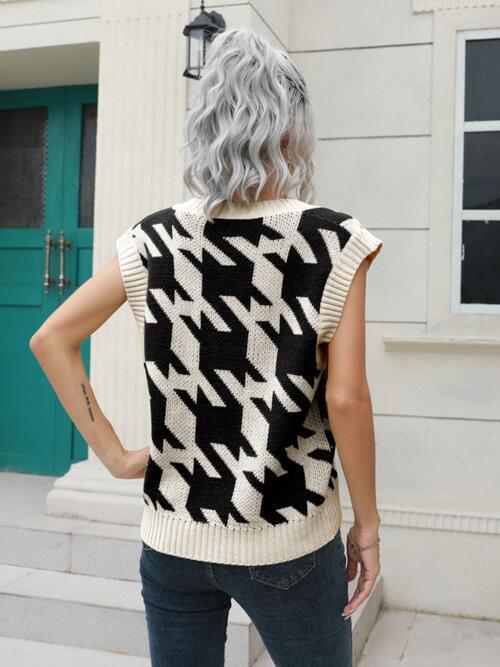 Timeless Layer V-Neck Houndstooth Sweater Vest-MXSTUDIO.COM