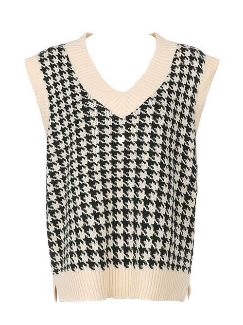 Timeless Staple Knit V-Neck Houndstooth Sweater Vest-MXSTUDIO.COM