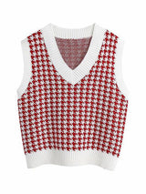 Timeless Staple Knit V-Neck Houndstooth Sweater Vest-MXSTUDIO.COM