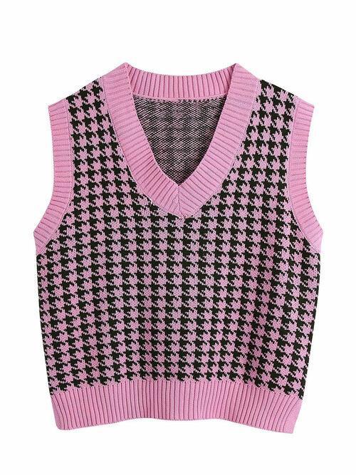 Timeless Staple Knit V-Neck Houndstooth Sweater Vest-MXSTUDIO.COM