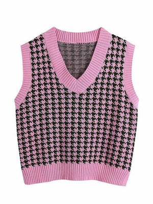 Timeless Staple Knit V-Neck Houndstooth Sweater Vest-MXSTUDIO.COM