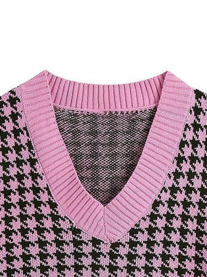 Timeless Staple Knit V-Neck Houndstooth Sweater Vest-MXSTUDIO.COM