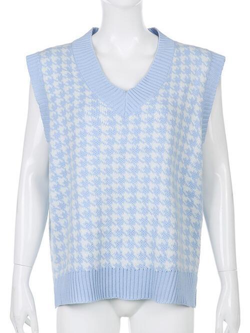 Timeless Staple Knit V-Neck Houndstooth Sweater Vest-MXSTUDIO.COM