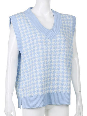 Timeless Staple Knit V-Neck Houndstooth Sweater Vest-MXSTUDIO.COM