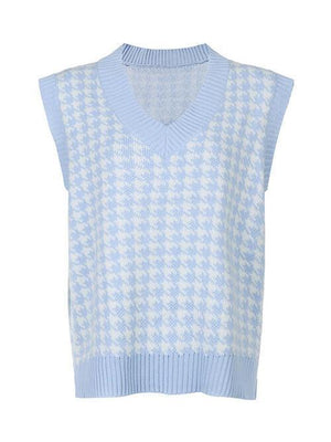 Timeless Staple Knit V-Neck Houndstooth Sweater Vest-MXSTUDIO.COM