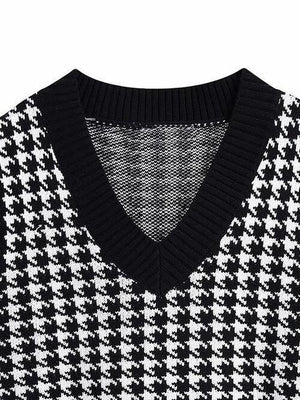 Timeless Staple Knit V-Neck Houndstooth Sweater Vest-MXSTUDIO.COM