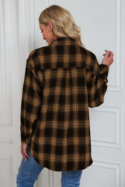 a woman wearing a brown and black plaid shirt