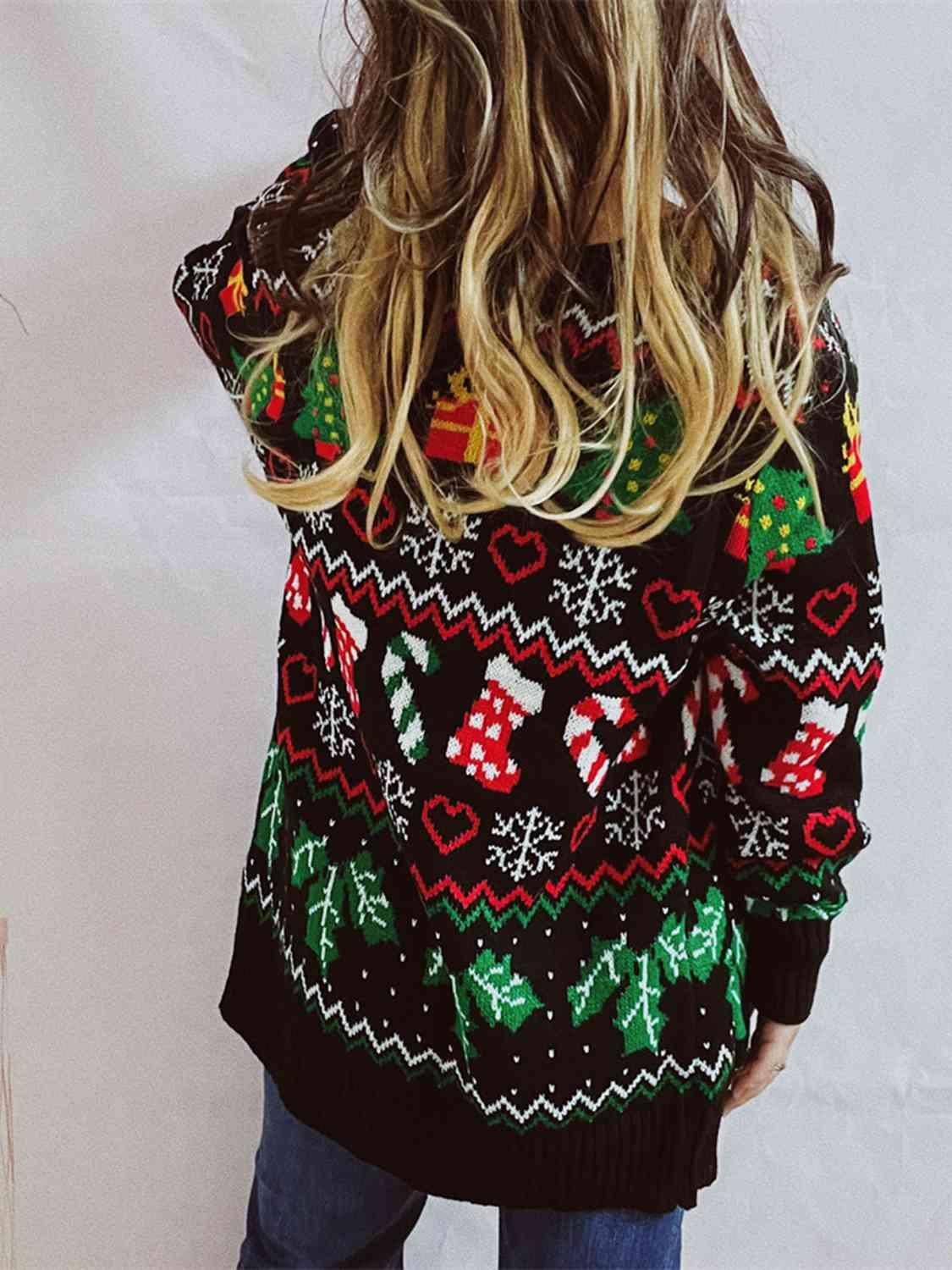 Timeless Touch Printed Button Up V-Neck Christmas Cardigan-MXSTUDIO.COM