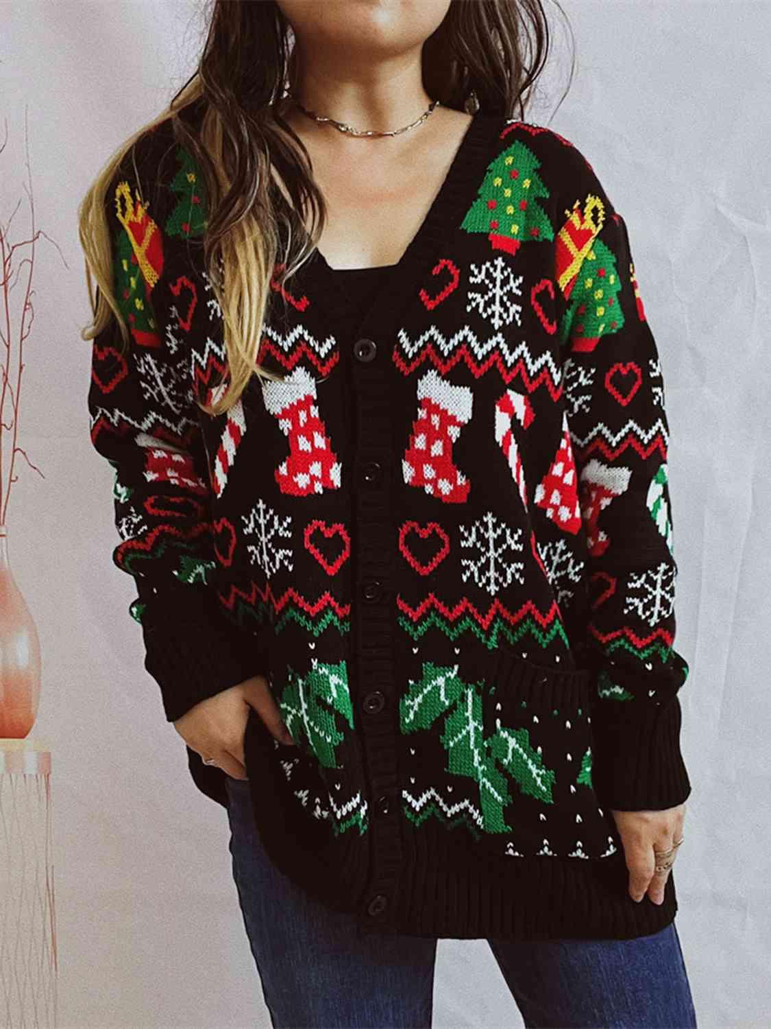 Timeless Touch Printed Button Up V-Neck Christmas Cardigan-MXSTUDIO.COM