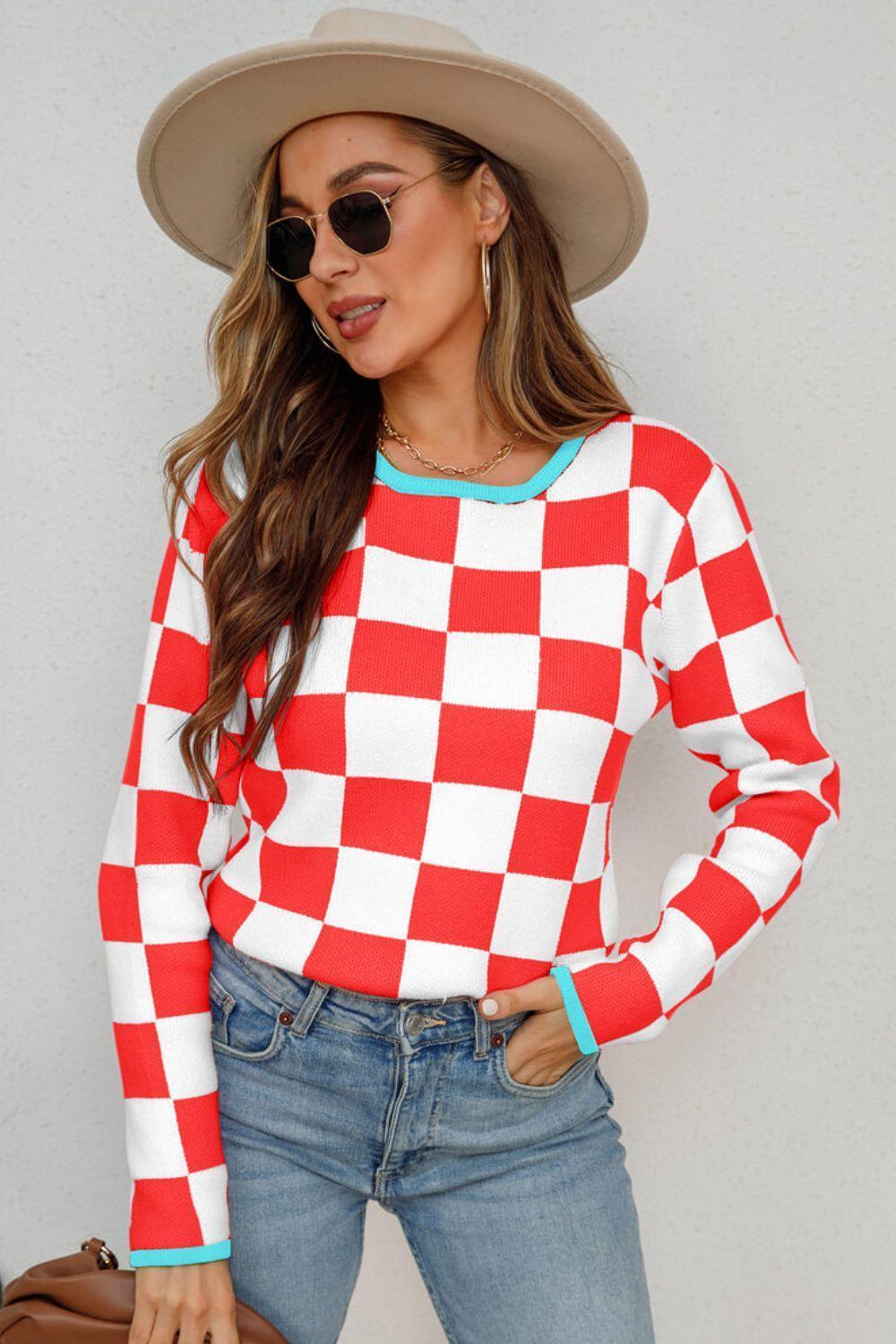 Timeless Warmth Crew Neck Checkered Sweater - MXSTUDIO.COM