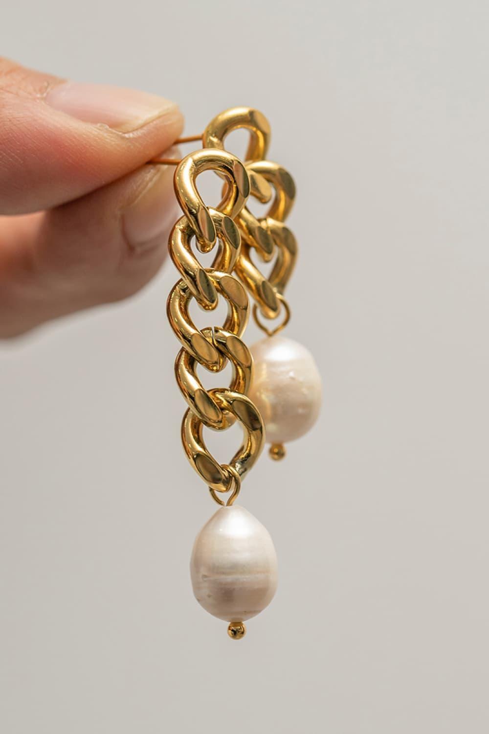 Tiptop Stainless Steel Asymmetrical Pearl Chain Earrings - MXSTUDIO.COM