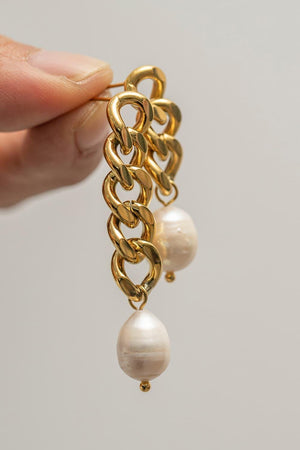 Tiptop Stainless Steel Asymmetrical Pearl Chain Earrings - MXSTUDIO.COM