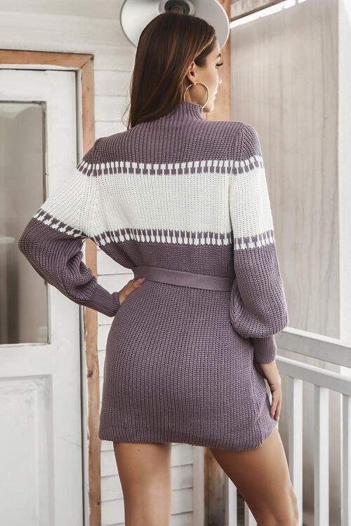 Toasty Chic Long Sleeve Knit Mock Neck Sweater Dress-MXSTUDIO.COM