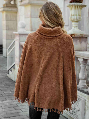 Toasty Chic Tassel Hem Turtleneck Poncho-MXSTUDIO.COM