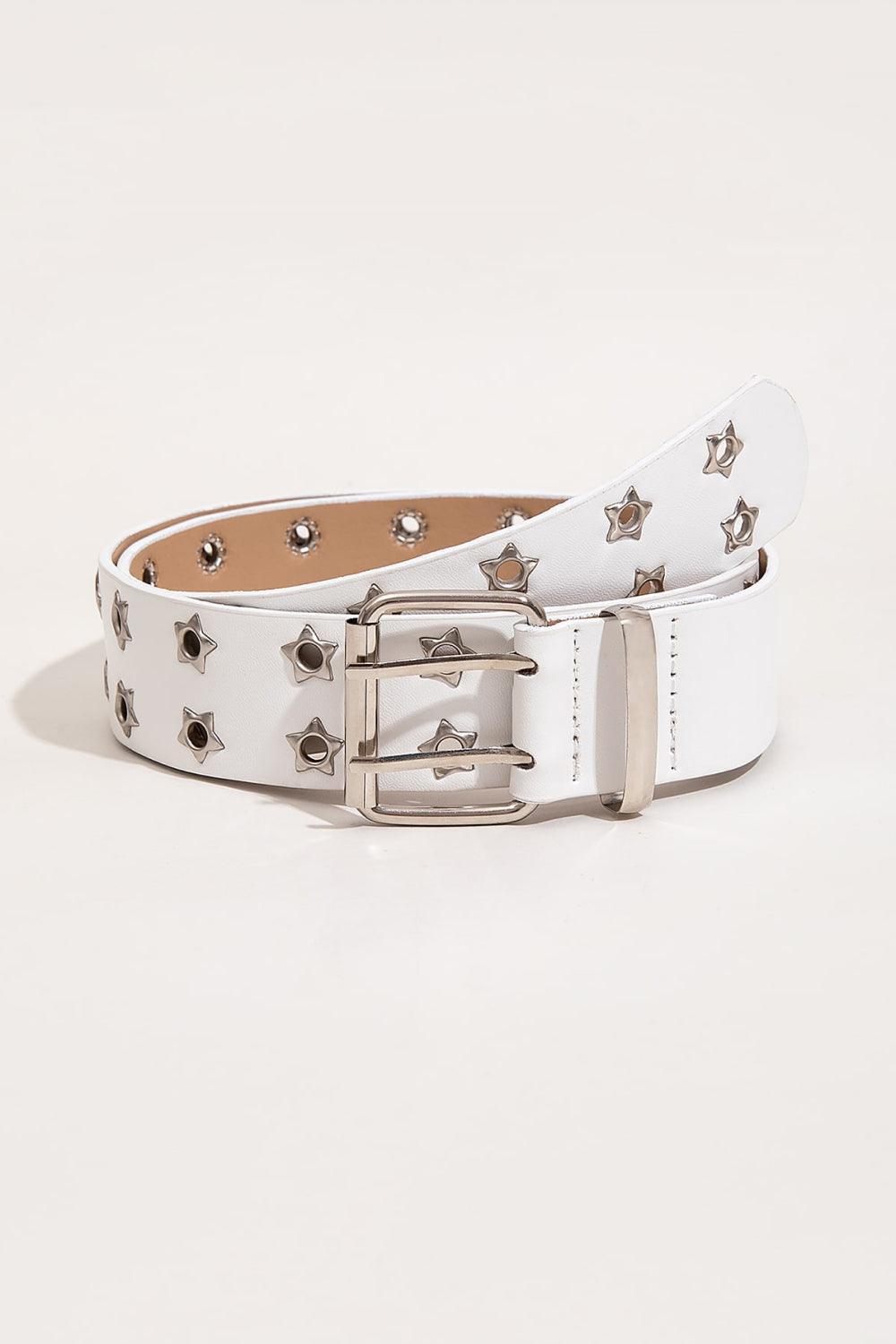 Trendsetting Double Row Star Grommet White Leather Belt - MXSTUDIO.COM