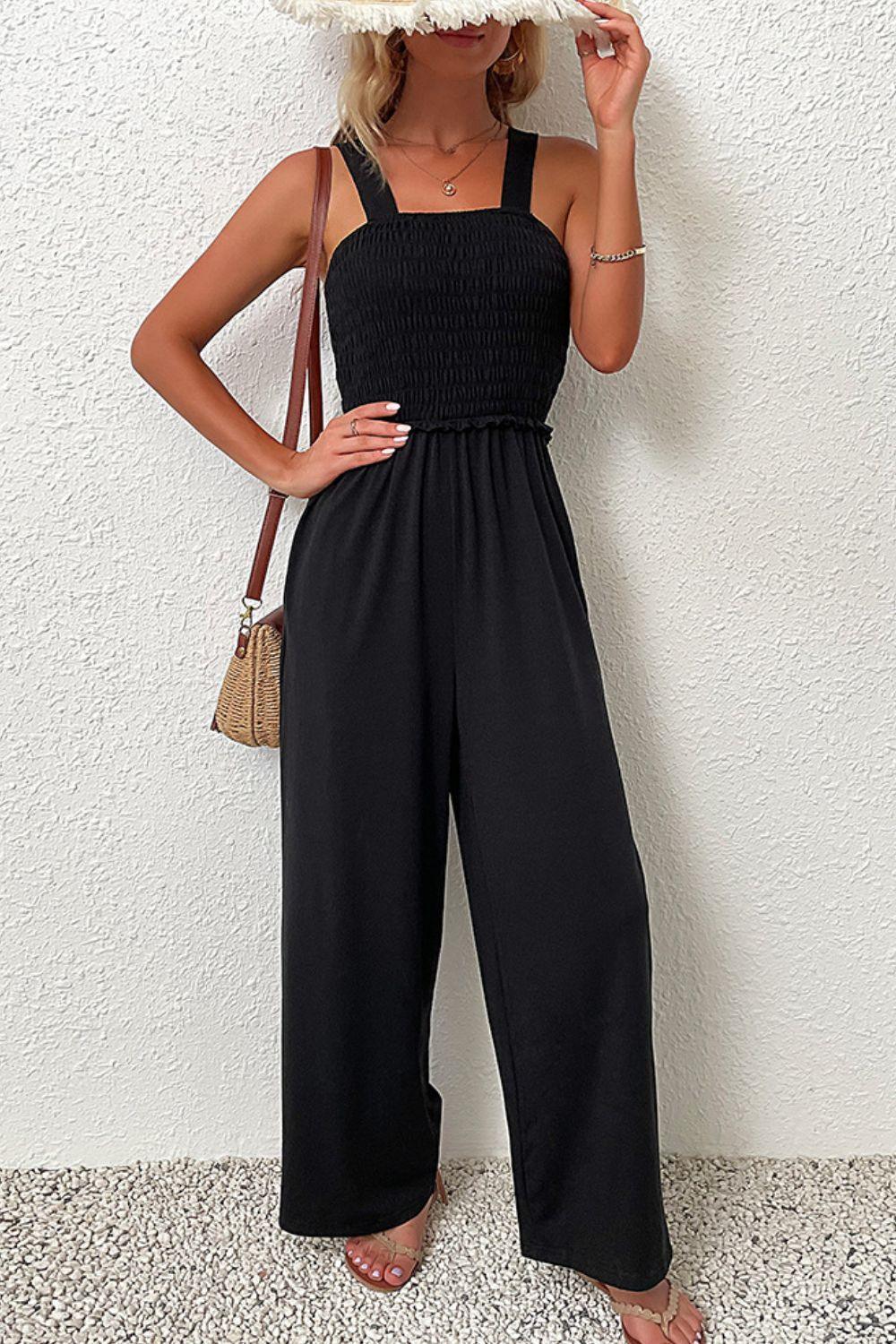 Trendsetting Smocked Black Sleeveless Jumpsuit - MXSTUDIO.COM