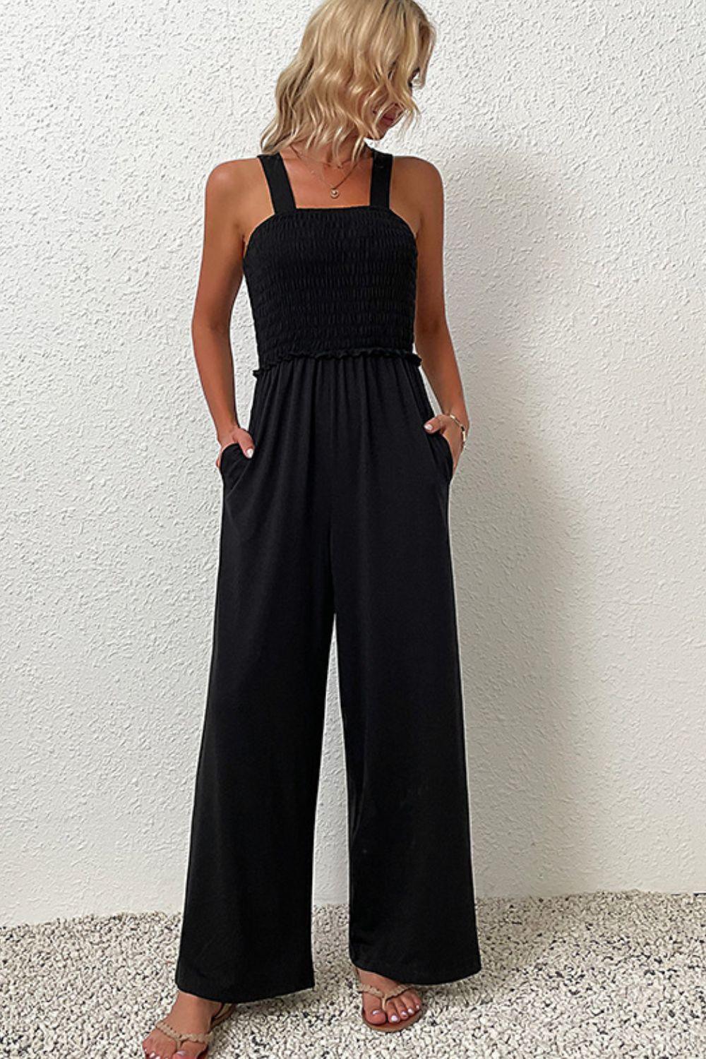 Trendsetting Smocked Black Sleeveless Jumpsuit - MXSTUDIO.COM