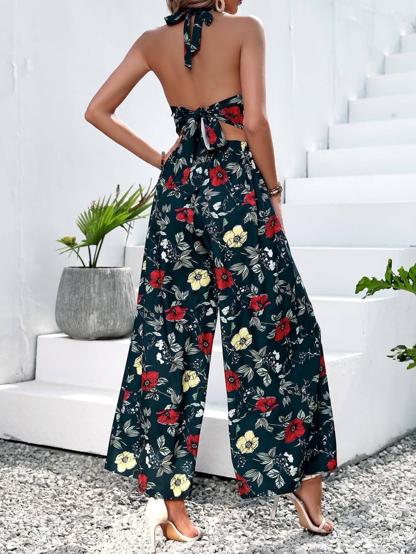 Trendy Halter Neck Top Wide Leg Floral Pants Set - MXSTUDIO.COM