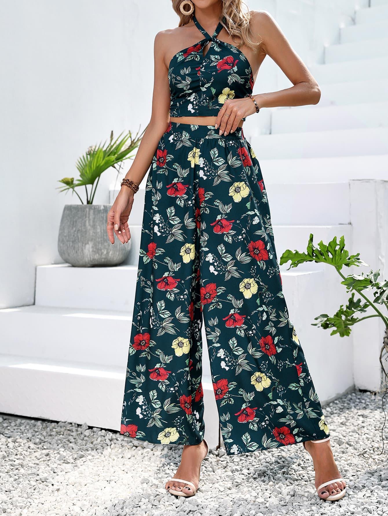 Trendy Halter Neck Top Wide Leg Floral Pants Set - MXSTUDIO.COM