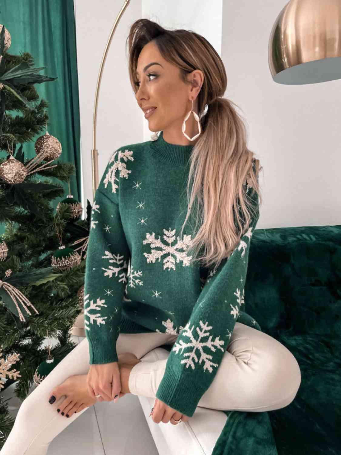 Trendy Mock Neck Snowflake Christmas Sweater-MXSTUDIO.COM