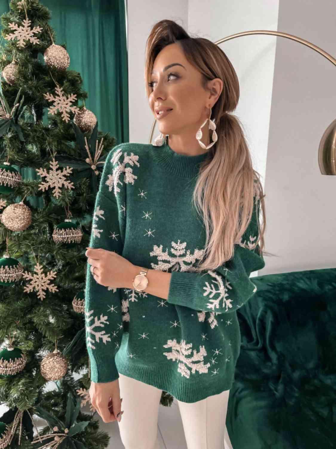 Trendy Mock Neck Snowflake Christmas Sweater-MXSTUDIO.COM