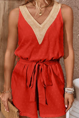 Trendy Swiss Dot Sleeveless V Neck Romper - MXSTUDIO.COM