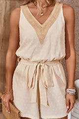 Trendy Swiss Dot Sleeveless V Neck Romper - MXSTUDIO.COM