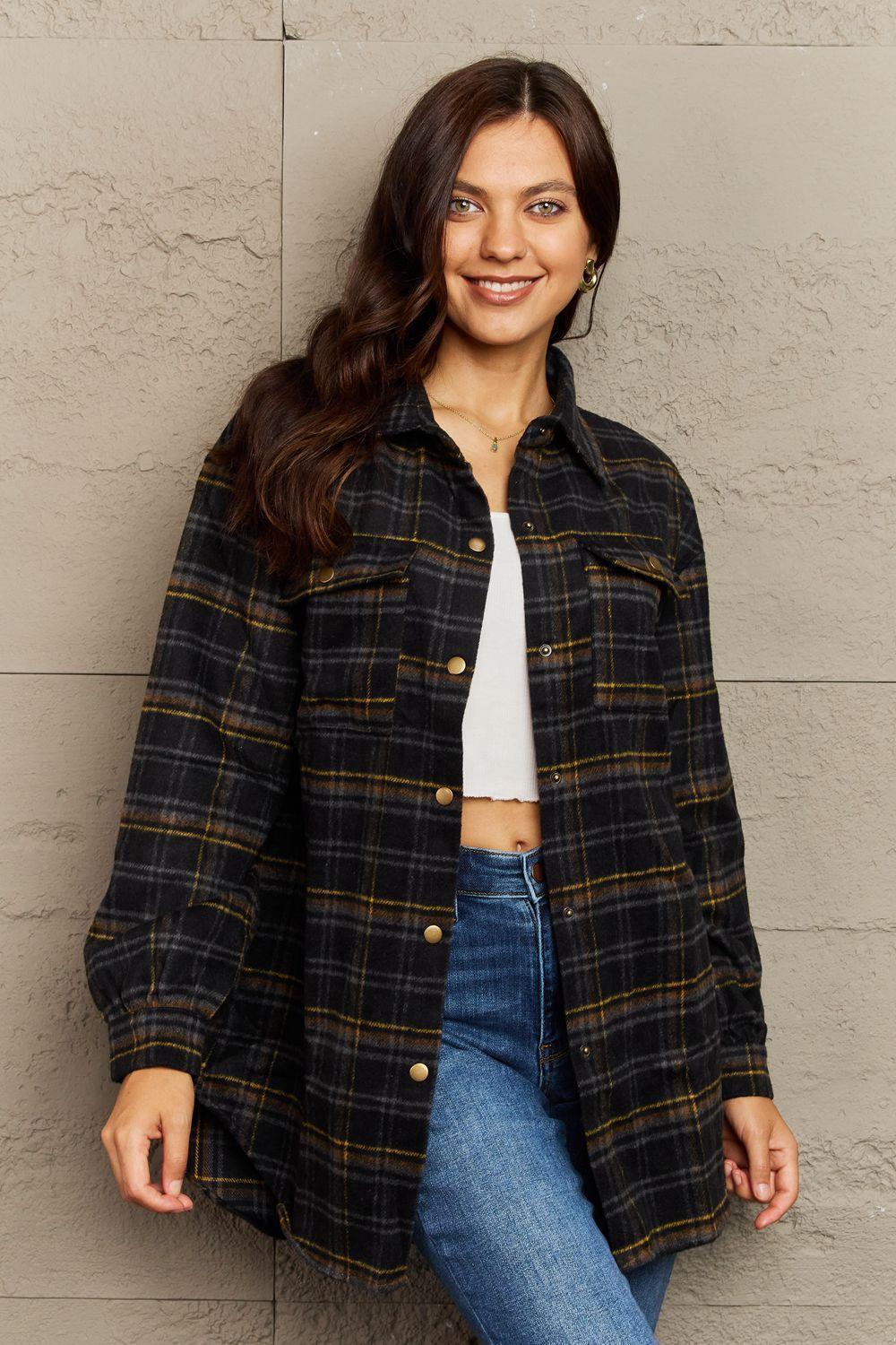 Trendy Warmth Plaid Shacket With Pockets - MXSTUDIO.COM