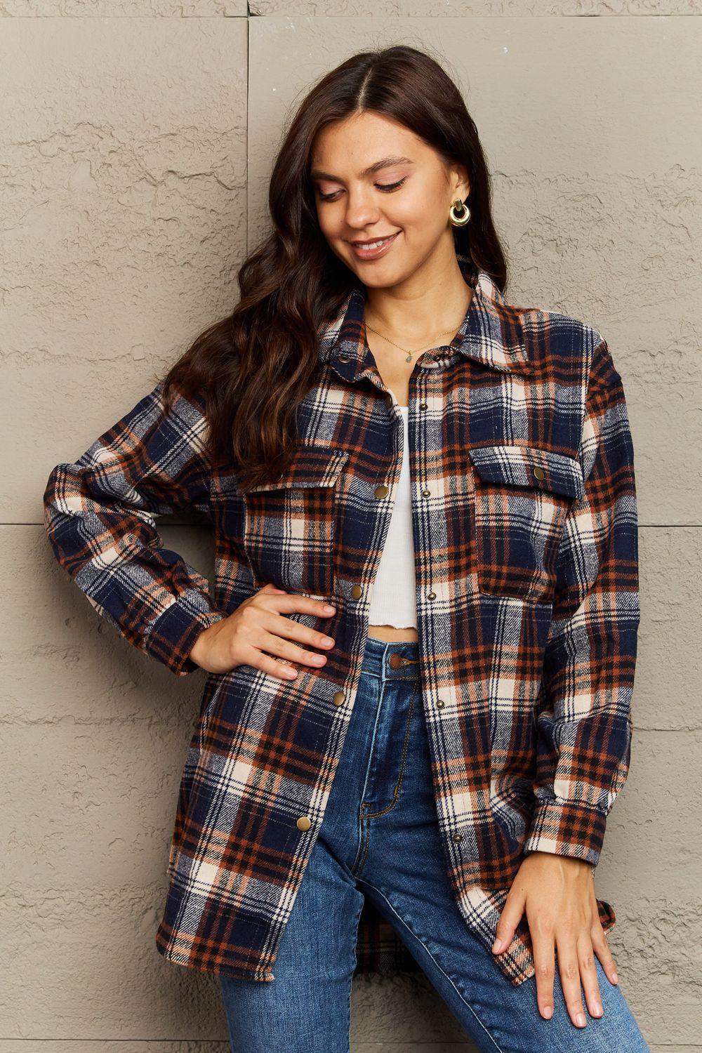 Trendy Warmth Plaid Shacket With Pockets - MXSTUDIO.COM