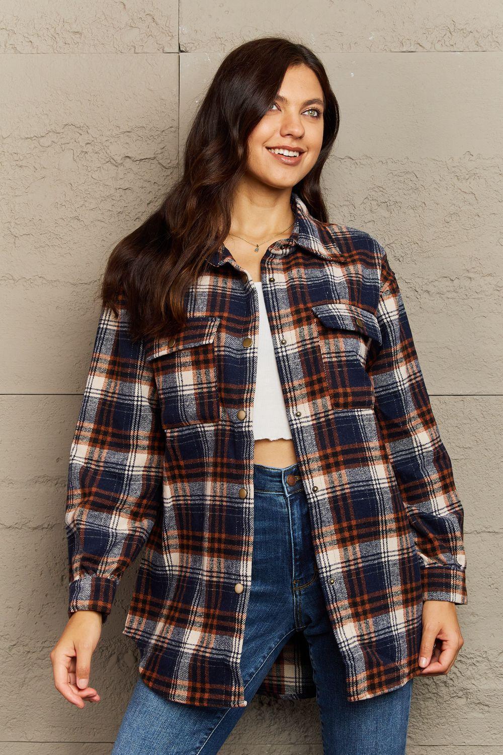 Trendy Warmth Plaid Shacket With Pockets - MXSTUDIO.COM