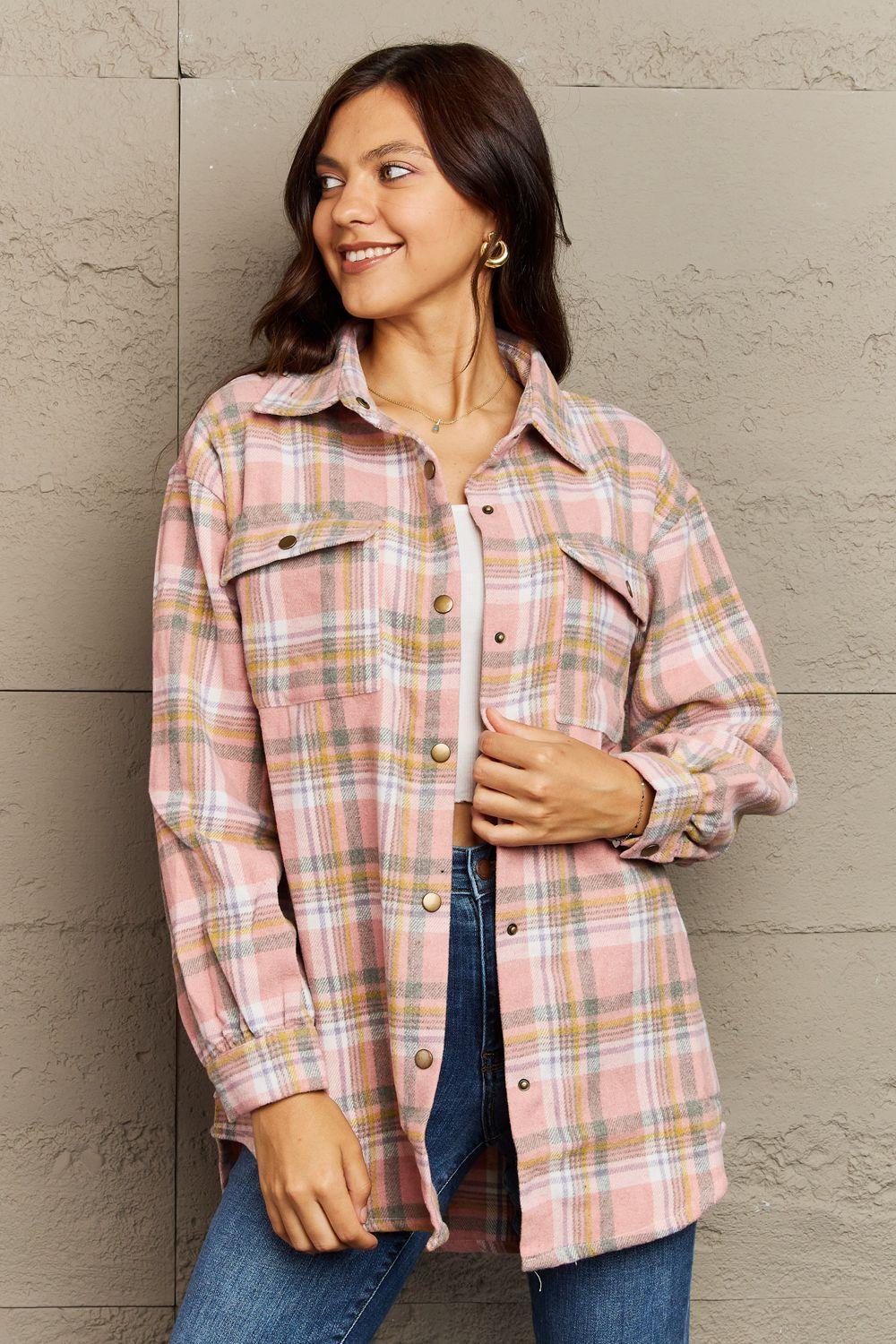 Trendy Warmth Plaid Shacket With Pockets - MXSTUDIO.COM