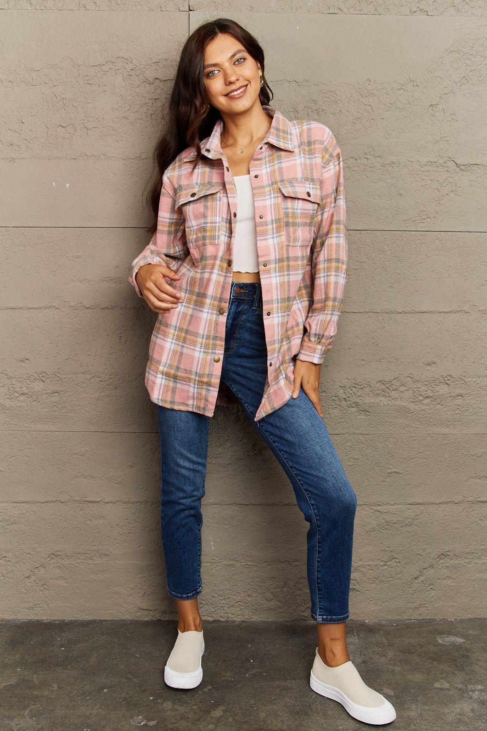 Trendy Warmth Plaid Shacket With Pockets - MXSTUDIO.COM