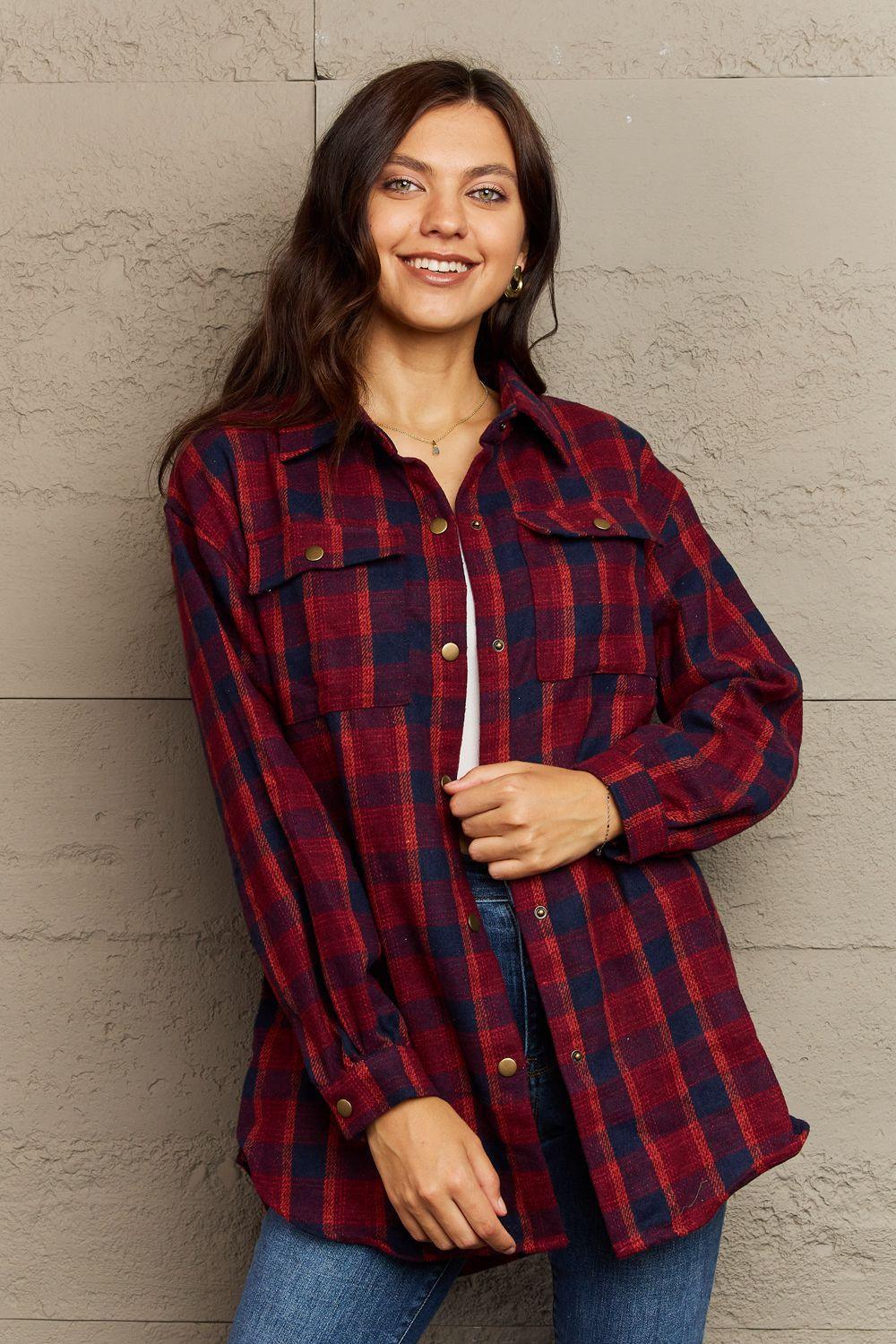 Trendy Warmth Plaid Shacket With Pockets - MXSTUDIO.COM