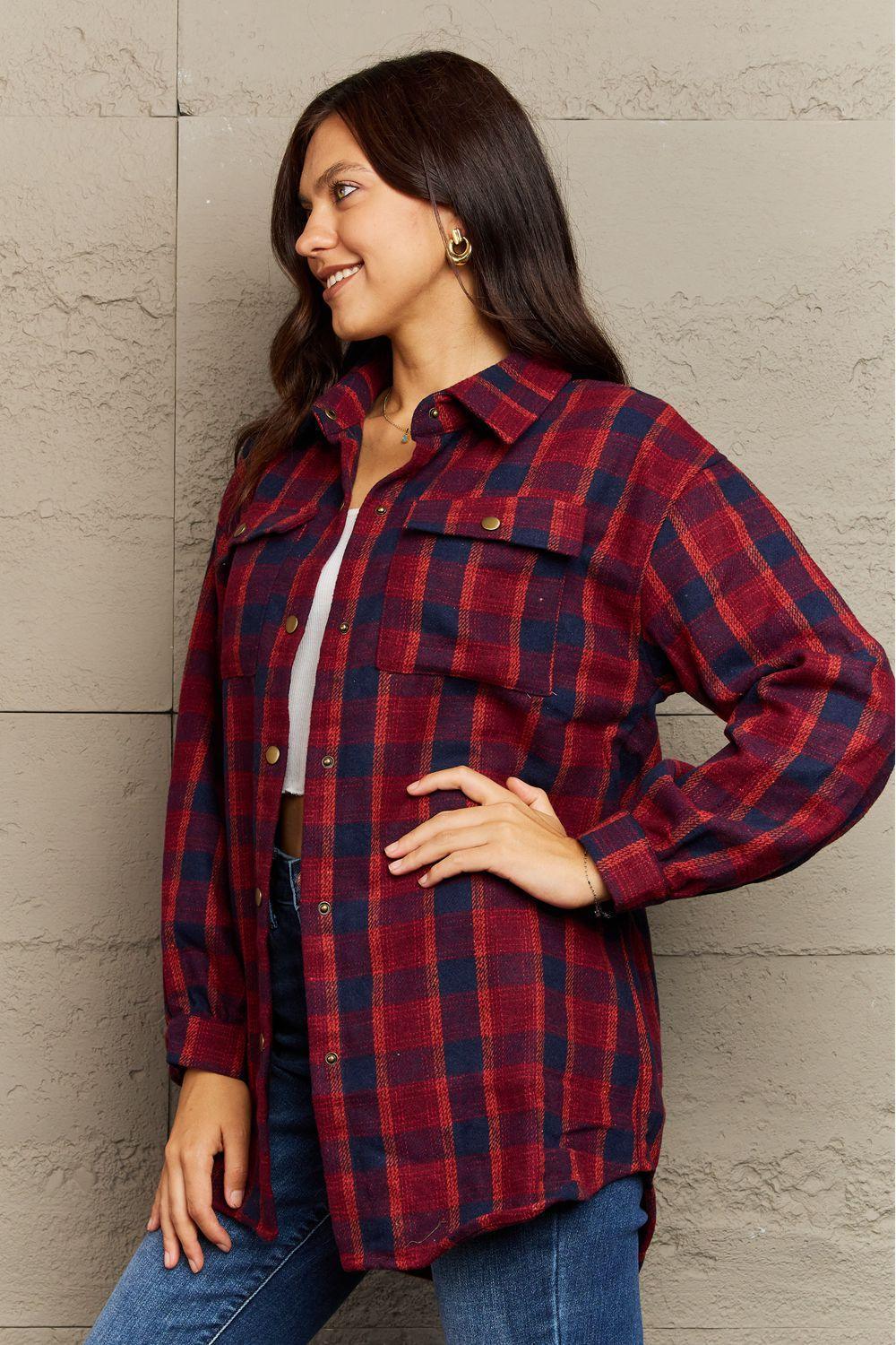 Trendy Warmth Plaid Shacket With Pockets - MXSTUDIO.COM